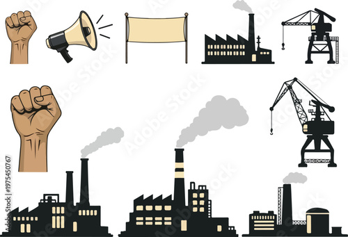 Industrial revolution concept with factories, cranes, and protest symbols including megaphone and raised fist