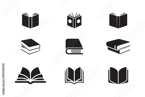 Collection of reading and education book icons in black and white featuring various open and closed designs