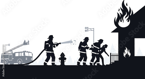 Silhouette of firefighters extinguishing a house fire, one firefighter rescuing a person from the burning building with a fire truck in the background