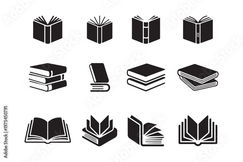 Set of black and white book icons showcasing various open and closed book designs for education and reading