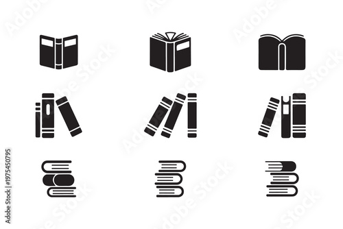 Assortment of book icons including open, closed, and stacked designs representing literary and study themes