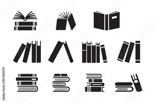 Variety of book icons illustrating library and archival concepts with stacks of books and organized shelves