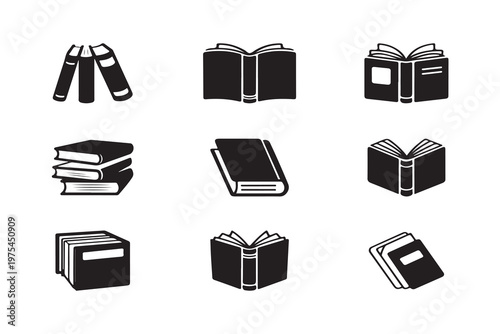 Nine black vector icons depicting books in different forms and arrangements on white