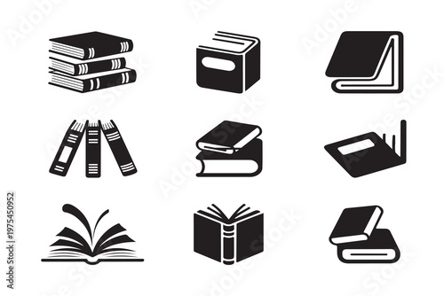 Group of nine black icons representing books in various states of opening and stacking