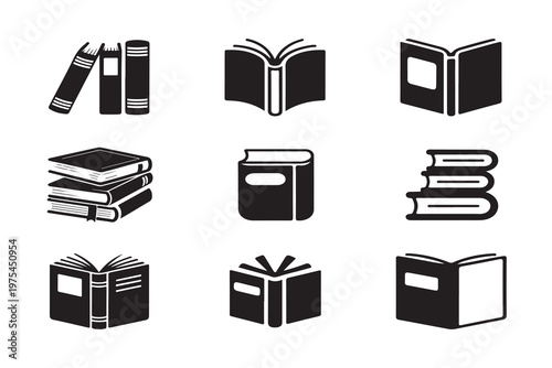 Set of black and white book icons for education, knowledge, learning, and literature concepts