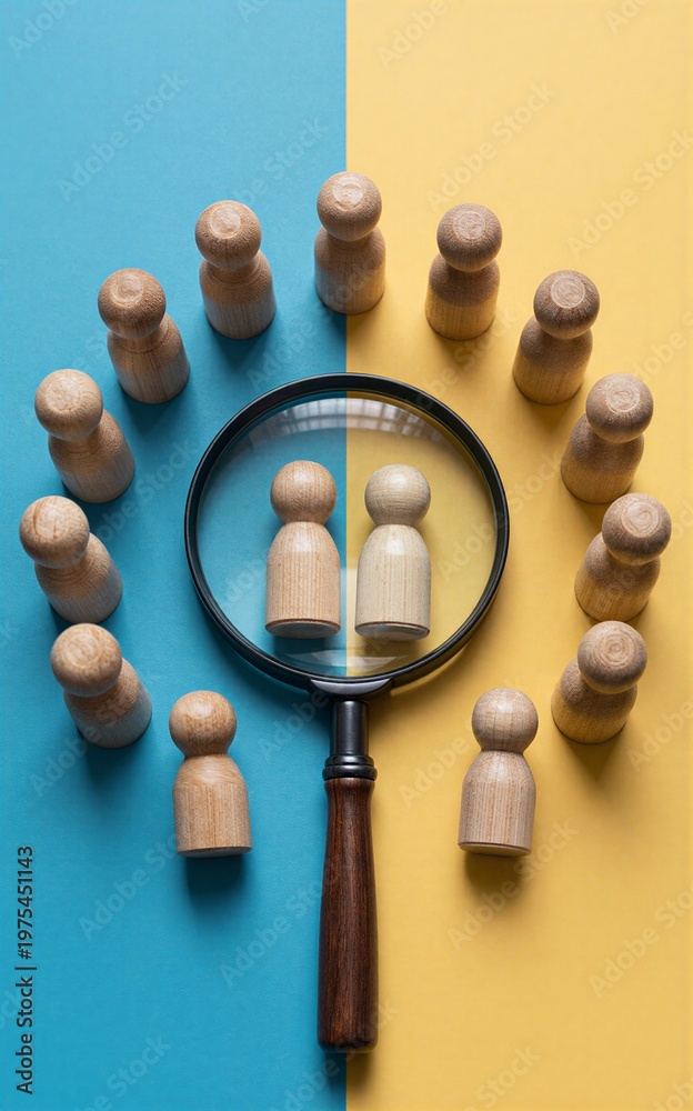 Obraz premium Wooden figures surround magnifying glass highlighting two against
