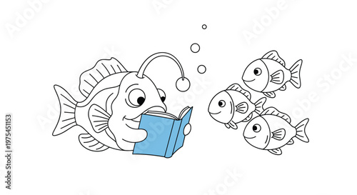 Large anglerfish reading a blue book to a group of three small curious fish underwater in a fun educational scene.