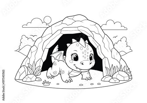 Cute baby dragon sitting in a rocky cave, coloring page for kids, cartoon style illustration, black and white outline drawing