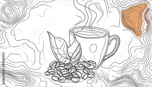 Coffee cup and beans with leaves illustration, artistic drawing, close up.