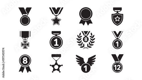 Medal and Badge Icon Set for Competition Ranking, Military Honor, and Achievement Recognition Design