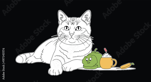 Domestic cat resting peacefully beside small green characters and a mug with a straw on a black background setting.