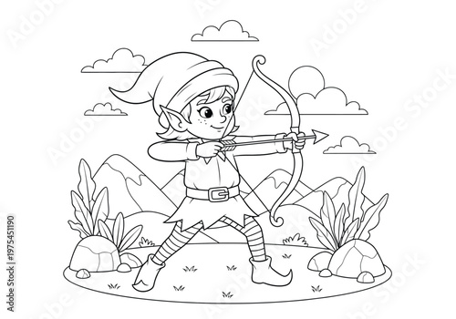 Fotografie Cute elf archer aiming with a bow and arrow in a fantasy landscape with mountain