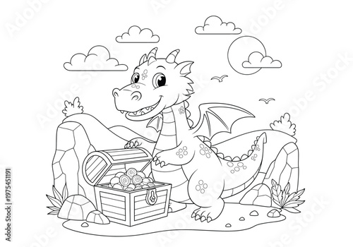 Cute cartoon dragon with a treasure chest, coloring page for kids, vector illustration of a friendly dragon character with gold coins, fantasy creature in a landscape with rocks and clouds