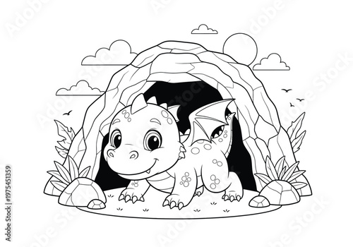 Cute baby dragon standing in front of a cave entrance, cartoon style coloring page for kids, fantasy creature illustration