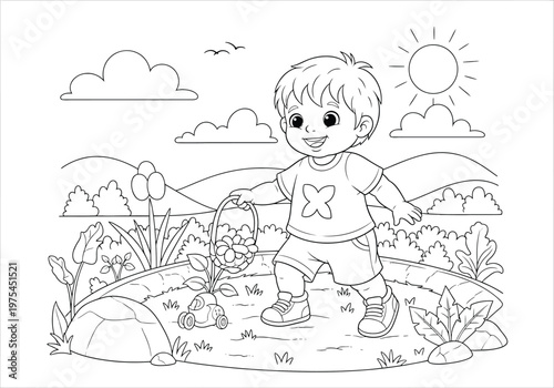 A happy little boy walking in a sunny garden, carrying a basket of flowers, coloring page for kids, line art illustration