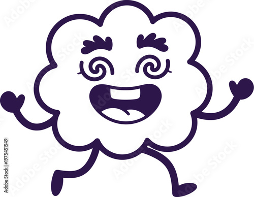 Whimsical cartoon cloud character with dizzy eyes and arms raised in excitement