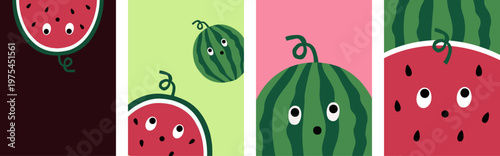 Vector watermelon character wallpaper with pink and green background.