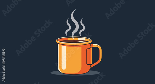 Orange ceramic mug filled with hot dark coffee emitting wisps of steam against a dark blue background setting.