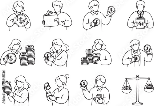 Diverse individuals interacting with money and financial concepts in sketches