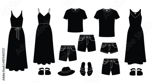 Set of summer clothes for women, including maxi dresses, tshirts, shorts, a hat, and sandals, vector illustration