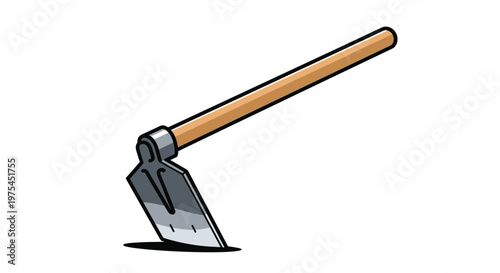 Long-handled garden hoe featuring a flat metal blade designed for breaking soil and weeding in a farm or garden.