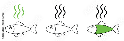 Set line dead fish icon isolated on white background, rotten fish symbol, simple line icon representing spoiled seafood and ecological danger