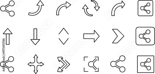 Collection of hand drawn arrow and share icons in black and white