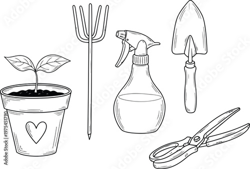 Hand drawn sketch of gardening tools and a sprouting plant in a pot