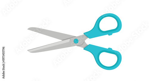 Pair of sharp metal scissors with ergonomic turquoise blue plastic handles used for cutting paper, fabric, or craft.