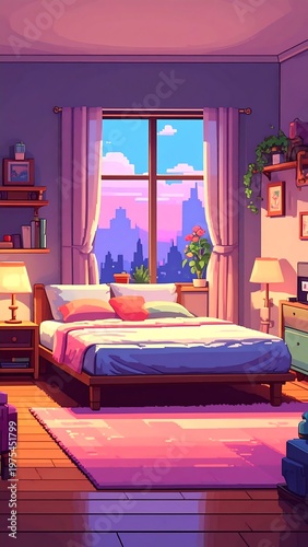 Cozy bedroom scene with bed, window view, and soft lighting