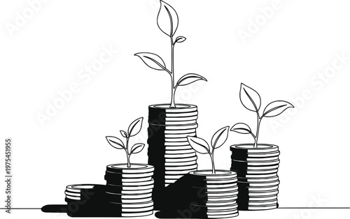 Growing money tree concept illustration with stacks of coins