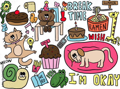 Hand drawn vector illustrations of chocolate donut with cherry, teddy bear wearing party hat, cat dancing, puppy sleeping on dog bed, snail, frog, diary, flowers, break time, birthday cake with candle