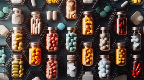 Artistic flat lay of vitamin supplements stored in interlocking hexagon jars, forming a structured medicinal mosaic with shadowed depth