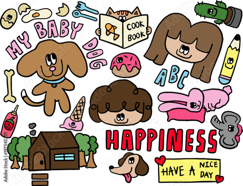 Hand drawn vector illustrations of happy dog, girls, house and tree, ice cream cone, tomato ketchup bottle, dog bone, fried egg, spoon and fork, cat reading book, cactus in flowerpot, pink bunny sleep
