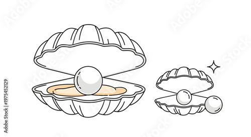 Two open clam seashells revealing lustrous white pearls nestled inside on a soft sandy bottom for a jewelry theme.