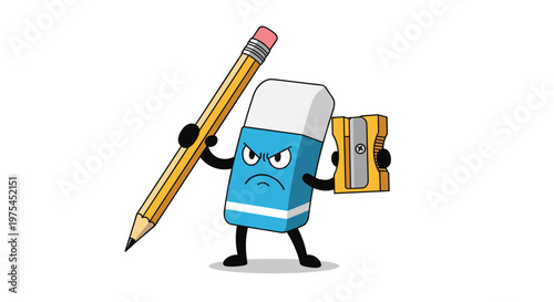 Determined cartoon eraser character holding a large yellow pencil and a sharpener in its hands with an angry expression.