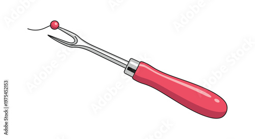 Professional seam ripper with a sharp metal fork and a bright red handle used for sewing and garment alterations.