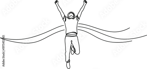 Runner crossing finish line with arms raised in triumphant celebration