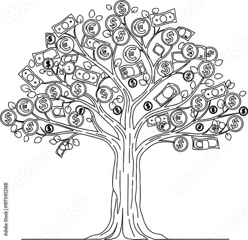 Detailed outline drawing of a lush tree with many leaves and branches