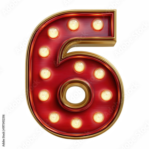 Red marquee number 6 isolated on transparent background