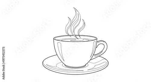Hot cup of coffee or tea sits on a matching saucer with steam rising from the surface in a detailed black and white sketch.