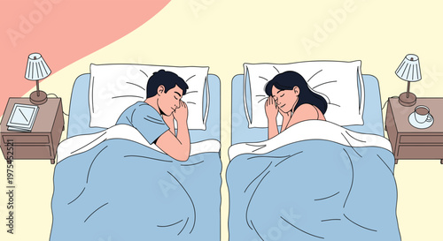 Couple sleeps peacefully in separate twin beds inside a cozy bedroom with bedside tables and glowing lamps at night.