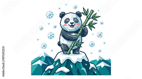Panda Holding Bamboo In Snow.
