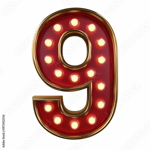 Red marquee number 9 isolated on transparent background