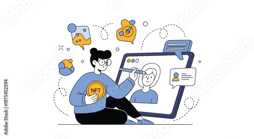 Digital artist creates a portrait on a tablet while holding an nft coin surrounded by floating icons and creative symbols.