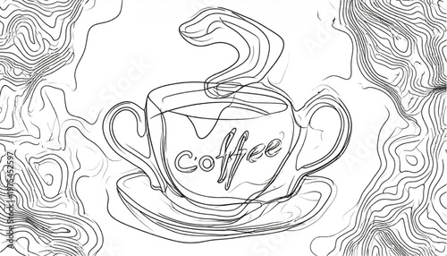 Coffee cup illustration with steam and the word coffee inside the cup.