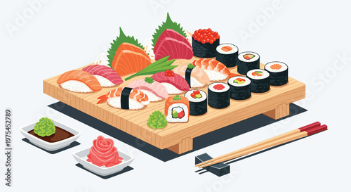 Delicious assortment of sushi and sashimi including nigiri and maki rolls is served on a wooden platter with ginger and wasabi.