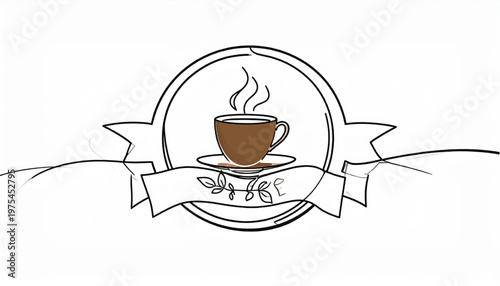Coffee cup illustration within a circular emblem with ribbon and leaves.
