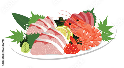 Fresh sashimi platter features slices of raw fish arranged with large prawns wasabi ginger and green maple leaves on a plate.