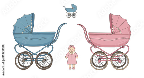 Pair of vintage style baby strollers in blue and pink colors are displayed with a small matching doll and a tiny carriage.